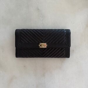 Chanel Boy Long Flap Wallet in black caviar leather